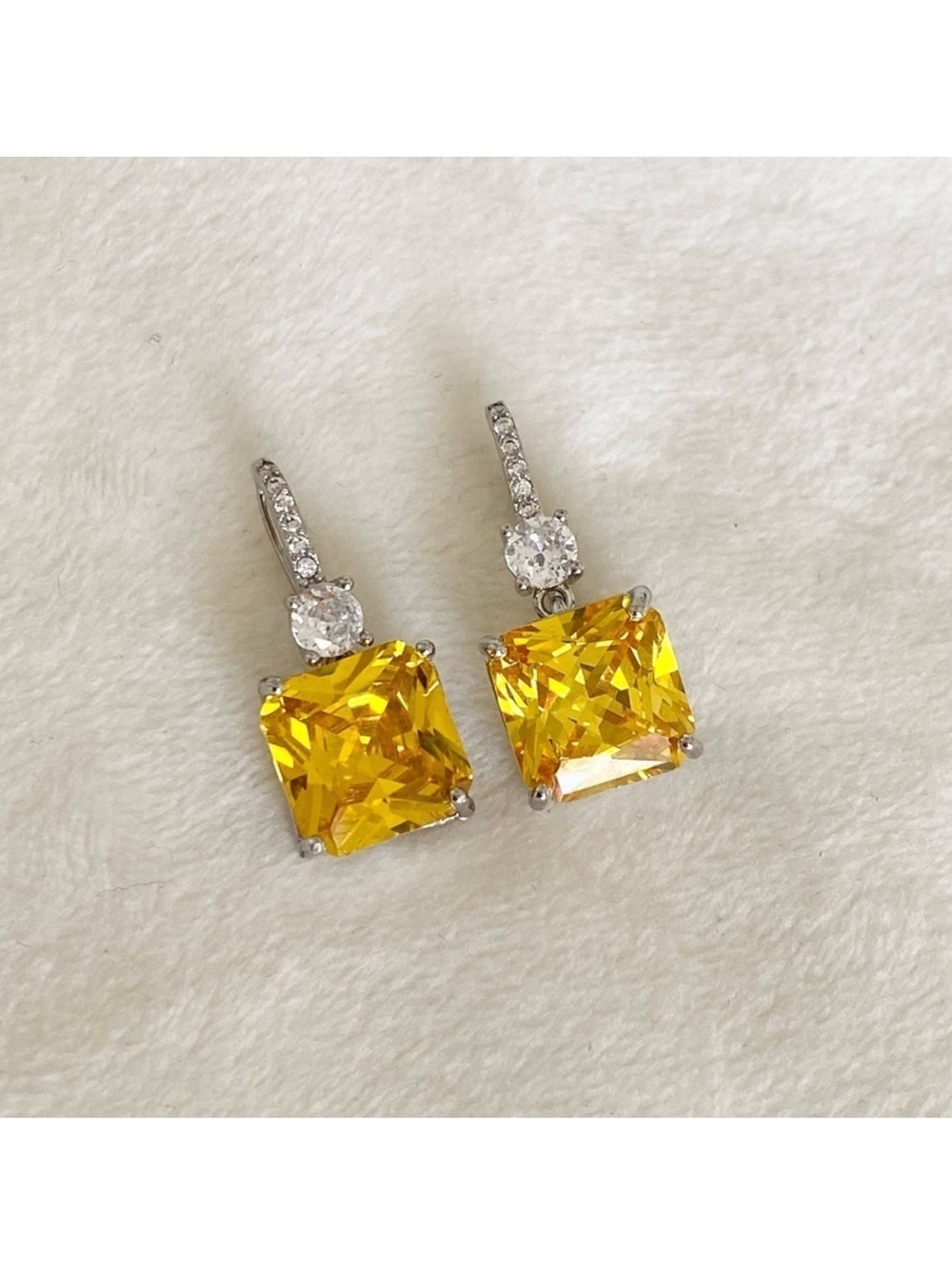 Silver Tone Drop Earrings with Yellow Square Crystal and Clear Accents New